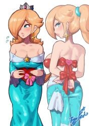 1girls 2d 2d_(artwork) blue_dress blush blush box_of_chocolates crown dress_around_waist embarrassed hands_tied heart-shaped_chocolate looking_away looking_back looking_back_at_viewer mario_(series) nail_polish ponytail princess_rosalina purple_nails ribbon ribbon_around_breasts ribbon_bondage shoulderless_dress super_mario_galaxy tied_up valentine's_day yamino_ekakinin