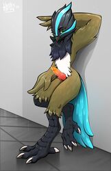 absurd_res anthro avian avian_(starbound) bird claws digital_media_(artwork) feathers genitals hi_res huskyfog male male_only nude penis simple_background solo starbound video_games