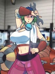 1girls arm_up armpits big_breasts breasts busty elf female female_only green_eyes green_hair hand_on_own_hip highres jak_and_daxter keira_hagai large_breasts legs midriff naughty_dog one_eye_closed pants pointy_ears sensual short_hair solo sony suspenders sweat tank_top thick_thighs thighs toned towel towel_around_neck voluptuous