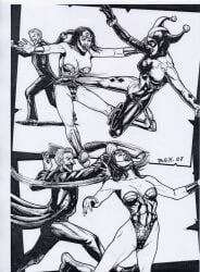 1boy 2girls attack dc_comics defeated defeated_heroine detective_comics harley_quinn harley_quinn_(classic) joker monochrome pain ryona suprised wonder_woman wonder_woman_(series)