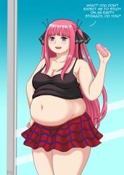 chubby fat fat_woman go-toubun_no_hanayome meatpedal nakano_nino overweight_female pink_hair sequence smiling tank_top