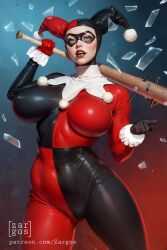 1girls ai_generated artist_logo baseball_bat batman_(series) big_breasts blue_eyes bodysuit curvy dc dc_comics domino_mask eye_mask female female_only gloves hands_on_hips harley_quinn harley_quinn_(classic) huge_breasts large_breasts latex latex_bodysuit light-skinned_female lipstick looking_at_viewer patreon_username plump smile solo thick thick_thighs voluptuous wide_hips zargos