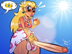 balls_in_thong bikini_bra bra crown drink drinking erection futa futa_only futanari huge_cock large_balls long_hair long_penis mario_(series) nintendo pierump princess_peach pubic_hair skirt sky speech_bubble sun sunglasses super_mario_odyssey sweat tan_body tan_skin thong throbbing_penis