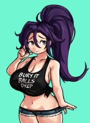 1girls 2018 black_hair cleavage female female_focus female_only large_breasts microshorts midriff navel original original_character patreon_reward ponytail short_shorts sideboob solo solo_female solo_focus text_on_topwear thighs zanamaoria