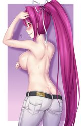 big_breasts embarrassed female female_only half_naked long_hair looking_at_viewer looking_back no_bra pants ponytail red_eyes red_hair shirtless solo soukitsu under_night_in-birth yuzuriha_(under_night_in-birth)