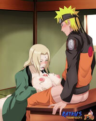 1boy 1girls age_difference ass blush bottomless breasts cum cumshot desk dkir female haori huge_breasts male mature_female milf naruto naruto_bomb older_female open_clothes outercourse paizuri pants_down penis raykus sitting tongue_out tsunade uzumaki_naruto younger_male