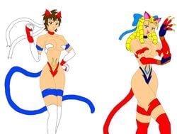 2girls big_breasts bow catgirl censored covered_nipples covering covering_crotch darkstalkers felicia_(darkstalkers)_(cosplay) female human karin_kanzuki nekohybrid sakura_kasugano small_breasts street_fighter street_fighter_alpha street_fighter_v