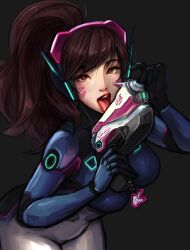 1girls 2d activision asian_female big_breasts blizzard_entertainment brown_eyes brown_hair clothed clothing d.va female female_only gun hana_song junkpuyo leaning_forward light-skinned_female long_hair looking_at_viewer overwatch overwatch_2 pale-skinned_female ponytail solo thick_thighs tongue tongue_out