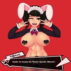 1girls atlus becky_(persona) big_breasts brown_hair bunny_ears double_peace_sign double_v fishnets heart heart_pasties large_breasts maid nipple_pasties nipple_piercing one_eye_closed open_mouth pasties peace_sign persona persona_5 pierced_nipples piercing reverse_bunnysuit sadayo_kawakami solo stockings susiesshitart text topless twintails v wink