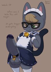 1boy accessory animal_crossing anthro balls big_penis blonde_hair chastity clothed clothing cock_ring crossdressing english_text erection eyewear felid feline fur genitals glasses grey_body grey_fur hair hi_res honeycalamari huge_cock humanoid_genitalia humanoid_penis jewelry maid_uniform male male_only mammal nintendo orgasm_denial penis penis_accessory penis_growth penis_jewelry raymond_(animal_crossing) sawakyuri simple_background solo standing teapot_(body_type) text uniform vein veiny_penis video_games