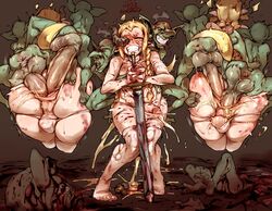 anal anus ass balls blonde_hair blood braided_twintails cum cum_in_ass cum_while_penetrated decapitation doppel double_anal double_penetration ejaculation elf femboy gangrape goblin goblin_male gore horn large_penis long_hair male panties penis pointy_ears rape sharp_teeth size_difference sword thick_thighs thighhighs threesome well_used_anus