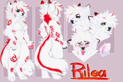 anthro blush breasts canid canine censored_breasts dragon female fluffy fluffy_tail fox fur genitals green_eyes heterochromia hi_res hybrid looking_at_viewer mammal markings_(fur) model_sheet neck_tuft paws pussy red_eyes rilea solo tongue tongue_out tuft white_body white_fur