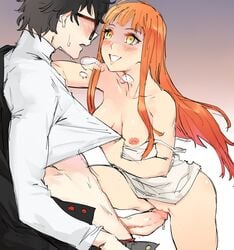 1boy 1girls atlus big_penis black_hair blush brown_eyes clothed clothing egirl eyelashes female fringe ginger glasses horny joker_(persona) kenshin187 long_hair megami_tensei orange_hair persona persona_5 pleasure_face provocative pussy pussy_juice red_hair ren_amamiya sakura_futaba shadow_(persona) shadow_futaba shadow_self_(persona) shirt_lift short_hair skinny small_breasts smile sweat tan_penis tan_skin thick_thighs thighs yellow_eyes