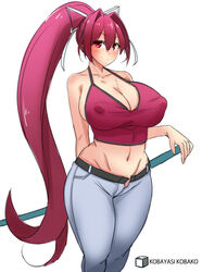 big_breasts female female_only kobayasi_kobako long_hair nipples nipples_visible_through_clothing ponytail purple_hair red_eyes simple_background solo solo_female solo_focus sword tank_top thick_thighs under_night_in-birth weapon white_background yuzuriha_(under_night_in-birth)