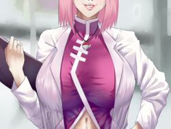 1girls abs alternate_breast_size belly big_breasts boruto:_naruto_next_generations breast_focus breasts clothed curvaceous female female_only head_out_of_frame hourglass_figure huge_breasts labcoat large_breasts looking_at_viewer midriff naruto naruto_(series) naruto_shippuden navel partially_clothed ring sakura_haruno shinimi_(nishimiya_shirone) shirt smile solo source_request teethrn white_coat