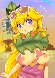 bikini blade_ride blonde_hair blue_eyes breasts female human komboo long_hair looking_at_viewer mario_(series) nintendo nipples outdoors pink_bikini princess_peach sky solo sunglasses sunglasses_on_head super_mario_odyssey upper_body water wet