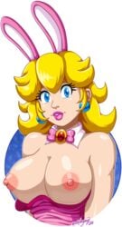 1girls animal_ears bare_shoulders big_breasts blonde_hair blue_eyes breasts bunny_ears bunnysuit detached_collar fake_animal_ears female female_only human jewelry lipstick looking_at_viewer makeup mario_(series) mrdeepay nintendo nipples pink_lipstick princess_peach solo transparent_background upper_body