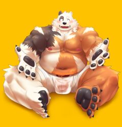 2020 anthro balls_outline black_body black_fur black_nose blush brown_body brown_fur bulge clothing fur genital_outline hi_res humanoid_hands kemono male male_only mammal mti777 overweight overweight_male penis_outline simple_background sitting solo underwear ursid white_body white_fur yellow_background