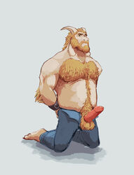 anthro asgore_dreemurr balls bara barefoot beard biped blonde_hair body_hair bondage boss_monster bottomwear bound bovid caprine chest_hair clothing domination erection facial_hair fur gag gagged genitals glans hair hairy hands_behind_back happy_trail hi_res horn humanoid_genitalia humanoid_penis long_ears male male_only mammal mature_male moustache musclegut muscular muscular_male nipples open_pants pants penis pink_glans pink_penis pubes qwerty-0 slightly_chubby solo submissive submissive_male undertale video_games yellow_balls