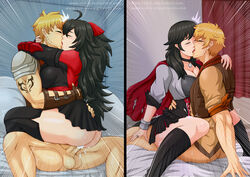 1boy 2girls ambiguous_penetration big_breasts black_hair blonde_hair closed_eyes cowgirl_position cum cum_inside ejaculation ejaculation_while_penetrated female genderswap high_heel_boots high_heels kissing long_hair male nipples nipples_visible_through_clothing qrow_branwen raven_branwen rud-k rule_63 rwby sex short_hair skirt straight taiyang_xiao_long thighhigh_boots