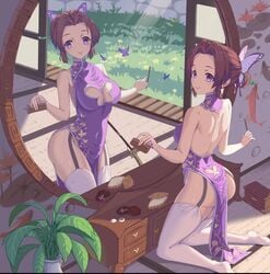alternate_costume ass big_breasts breasts bubble_ass butterfly_hair_ornament china_dress chinese_clothes cleavage demon_slayer detailed_background female female_only garter kimetsu_no_yaiba kneeling kochou_shinobu looking_at_viewer mirror multiple_views no_bra pelvic_curtain purple_eyes reflection side_slit sleeveless smile solo stockings tatami thighhighs tomamo white_legwear white_thighhighs