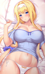 alice_schuberg bangs bed bed_sheet big_breasts blonde_hair blue_eyes blue_ribbon blush bow breasts embarrassed eyebrows_visible_through_hair female hair_ornament hair_ribbon hairband hairbow hand_up high_resolution kawase_seiki lingerie long_hair looking_at_viewer lying nail_polish navel on_back on_bed orange_nails panties pillow ribbon shiny shiny_skin shirt shy sidelocks sword_art_online sword_art_online_alicization very_long_hair white_hair_ornament white_hairband