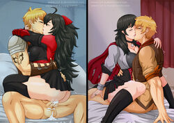 1boy 2girls big_breasts black_hair blonde_hair closed_eyes cowgirl_position cum cum_in_pussy cum_inside ejaculation ejaculation_while_penetrated female genderswap high_heel_boots high_heels kissing long_hair male nipples nipples_visible_through_clothing qrow_branwen raven_branwen rud-k rule_63 rwby sex short_hair skirt straight taiyang_xiao_long thighhigh_boots