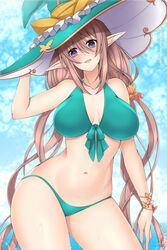 alternate_costume big_breasts blue_eyes elf elf_ears female female_only hat lindaroze long_hair pink_hair pointy_ears purple_eyes rinna_mayfield sega shining_(series) shining_resonance solo solo_female solo_focus swimsuit thick_thighs twintails water