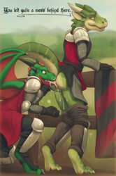 2020 anal anthro anthro_on_anthro ass bodily_fluids clothed clothing cum cum_in_ass cum_inside dragon drakhan duo english_text genital_fluids green_body green_scales horn licking_cum lizardlars male male/male oral outside pants_down partially_clothed raised_tail red_eyes rimming scales scalie sex side_view spitey standing text wings yellow_eyes