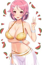 belly belly_button bikini blush breasts cleavage freckles large_breasts lisbeth looking_at_viewer open_mouth peace_sign pink_eyes pink_hair pink_nails pointy_ears shinozaki_rika short_hair sword_art_online v watermelon