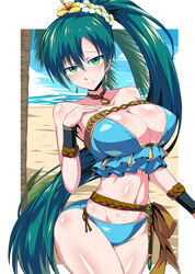 1girls armlet armpits bare_shoulders beach bikini blue_bikini blush breast_suppress breasts cleavage collar earrings eyebrows_visible_through_hair female female_only fire_emblem fire_emblem:_the_blazing_blade fire_emblem_heroes flower flowers green_eyes green_hair hair_between_eyes hair_flower hand_on_chest highres large_breasts long_hair long_ponytail lyn_(fire_emblem) lyn_(summer)_(fire_emblem) lyndis_(fire_emblem) navel nintendo palm_tree ponytail side-tie_bikini sky smile solo standing suzusiigasuki sweat swimsuit thick_thighs thighs very_long_hair