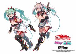 2girls alternate_costume alternate_hairstyle big_breasts green_hair hatsune_miku headphones looking_at_viewer multiple_girls open_mouth pink_hair racing_miku racing_suit skirt small_breasts super_sonico thick_thighs tsuji_santa twintails vocaloid