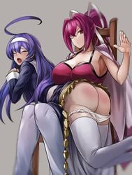 2girls ass big_ass big_breasts blue_eyes blue_hair clothed_female female female_only long_hair orie_ballardiae panties ponytail red_eyes red_hair sowel_(sk3) spanking spanktai2 under_night_in-birth underwear yuzuriha_(under_night_in-birth)