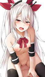 1boy azur_lane black_legwear blush breasts censored cowgirl_position detached_collar detached_sleeves eyebrows_visible_through_hair female hair_ribbon half-closed_eyes highres long_hair medium_breasts mizushina_minato mosaic_censoring navel neck_ribbon nipples nude open_mouth red_eyes red_ribbon ribbon sex silver_hair simple_background solo_focus straddling straight thighhighs turret twintails vampire_(azur_lane) very_long_hair white_background