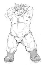 2013 anthro asian_clothing balls_outline blush bodily_fluids bulge clothed clothing east_asian_clothing footwear fundoshi genital_outline hi_res japanese_clothing kemono male male_only mammal open_shirt overweight overweight_male sandals shirt simple_background solo suid suina sus_(pig) sweat topwear underwear undressing v2wolf white_background wild_boar