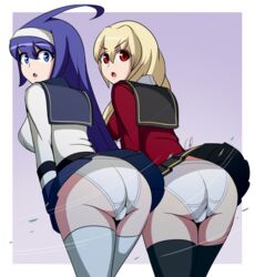 2girls ass big_ass blonde_hair blue_hair erika_wagner female long_hair multiple_girls orie_ballardiae panties pantyshot school_uniform shockwavecx skirt under_night_in-birth underwear upskirt