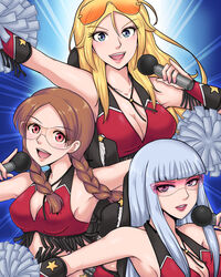 agent_foxx agent_missy agent_starr armpits bangs bare_shoulders blonde_hair blue_hair breasts brown_hair cheerleader cleavage elite_beat_agents elite_beat_divas female highres long_hair microphone open_mouth pink-tinted_eyewear smile sunglasses tinted_eyewear