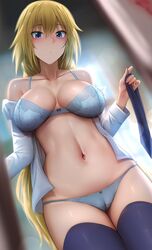 1girls belly blonde_hair blue_eyes bra cameltoe fate/grand_order fate_(series) female ginhaha jeanne_d'arc_(fate) jeanne_d'arc_(fate)_(all) long_hair navel panties pussy source_request tagme thighhighs