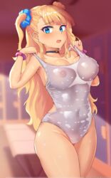 1girls blonde_hair blue_eyes breasts curvy embarrassed female female_only galko gyaru kogal large_breasts mkan nail_polish oshiete!_galko-chan see-through skin_tight solo swimsuit whentai