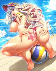 ass barefoot beach blonde blonde_hair blue_eyes feet female female_focus large_breasts long_hair rakko rakko_(r2) sandy_bash soles suketto_sanjou!! sweat swimsuit_aside toes