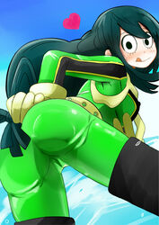 1girls ass back_view blush bodysuit boots breasts clothed clothed_female eyelashes female female_focus female_only froppy fully_clothed gloves green_bodysuit green_hair hand_on_ass heart heppushu hero_outfit_(mha) long_hair looking_at_viewer looking_back my_hero_academia nipple_bulge nipples skintight solo solo_female solo_focus tongue tongue_out tsuyu_asui