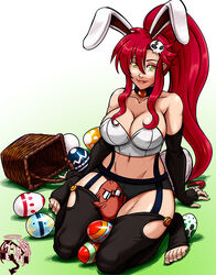 1girls 7th-heaven big_breasts boota breasts bunny_ears bustier choker cleavage easter eggs elbow_gloves fingerless_gloves hair_ornament legwear lingerie looking_at_viewer makeup red_hair tengen_toppa_gurren-lagann tengen_toppa_gurren_lagann toeless_legwear yellow_eyes yoko_littner