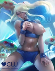 blue_eyes bracelet casual_outfit_(metroid) customwaifus female grabbing_own_breast large_breasts long_hair metroid metroid_(creature) mole nintendo no_bra ponytail samus_aran shorts solo