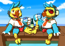 alcohol amber_eyes animal_crossing anthro avian barefoot belt beverage bird blue_body blue_feathers blush brother brothers bulge clothing cloud columbid cup dodo drunk duo eyewear feathers genital_outline half-closed_eyes headgear headphones headset hi_res male male_only nakayan narrowed_eyes necktie nintendo open_mouth orville_(animal_crossing) outside penis_outline pier sea shirt sibling sitting sky smile speedo spreading substance_intoxication sunglasses swimwear talons topwear video_games water wilbur_(animal_crossing) wine wine_bottle