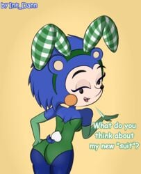 1girls animal_crossing ass blue_hair blue_skin breasts bunny_ears bunnysuit female furry hedgehog ink_dann looking_at_viewer mabel_able nintendo short_hair simple_background smile solo standing