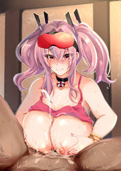 1boy 1girls armpit_peek azur_lane babydoll babydoll_lift black_choker blush bracelet breasts bremerton_(azur_lane) choker closed_mouth commentary cum cum_on_body cum_on_breasts cum_on_upper_body dark-skinned_male dark_skin ejaculation eyebrows_visible_through_hair eyelashes eyewear_on_head female hair_between_eyes headpiece huge_breasts interracial jewelry kurokan_(kokkyou_oudan) light-skinned_female light_skin long_hair nail_polish nipples paizuri pink_babydoll pink_hair pink_nails red_eyes sleeveless smile solo_focus sunglasses sunglasses_on_head sweat twintails upper_body wavy_mouth