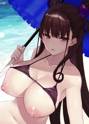 1girls bangs beach bikini bikini_lift blush breasts brown_hair cleavage cocq_taichou collarbone double_bun eyebrow eyebrows_visible_through_hair fate/grand_order fate_(series) female frilled_umbrella hair_ornament holding_umbrella large_breasts long_hair looking_at_viewer murasaki_shikibu_(fate) navel nipples ocean parted_lips purple_bikini purple_eyes solo swimsuit two_side_up umbrella very_long_hair