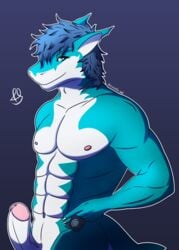 abs anthro blue_hair condom cosmic_noodle erection fish genitals hair hi_res humanoid_genitalia humanoid_penis male male_only marine muscular muscular_male nipples nude pecs penis pinup pose sexual_barrier_device shark solo