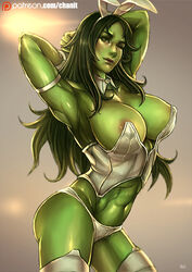 1girls abs areolae armpits artist_signature big_breasts black_hair bunny_ears bunny_girl bunnysuit busty corset female female_only green_eyes green_hair green_skin huge_breasts hulk_(series) kachima large_breasts long_hair marvel marvel_comics muscular muscular_female nipples nipples_visible_through_clothing panties sexy_armpits she-hulk simple_background solo solo_female stockings superheroine toned toned_female wink winking