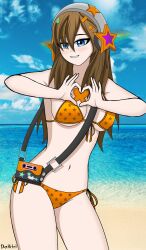 1girls beach bikini blue_eyes breasts brown_hair daikiri_di_mon fortnite fortnite:_battle_royale headphones heart_hands pj_(fortnite) smiling smiling_at_viewer stars